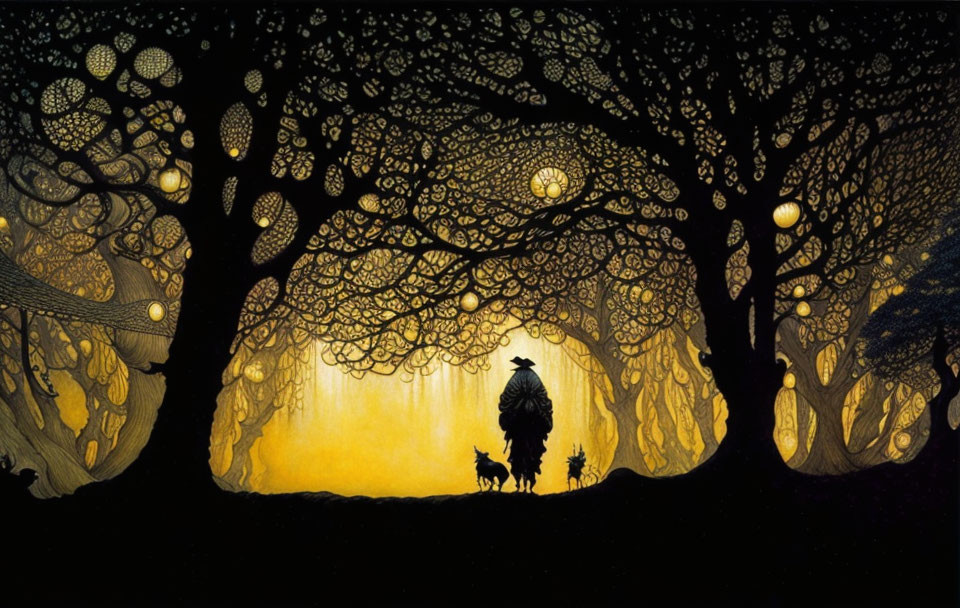 Silhouetted figure with dogs in golden-lit forest with hanging lanterns