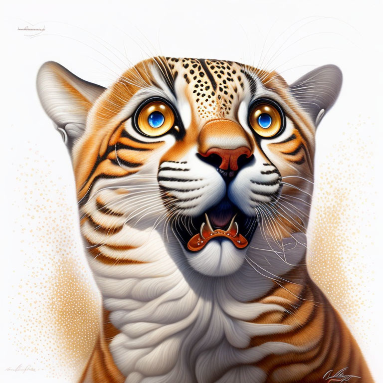 Detailed Tiger Illustration with Exaggerated Eyes and Surprised Expression