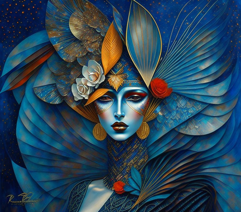 Artistic depiction of a woman with blue skin and ornate feathers and jewelry.