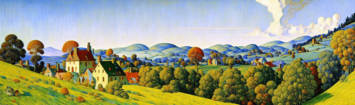 Vibrant panoramic landscape with rolling hills and autumnal trees