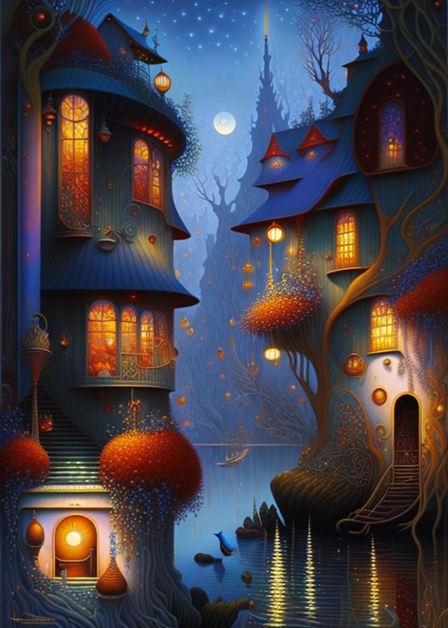 Whimsical treehouses and red-capped mushrooms in a starry night scene