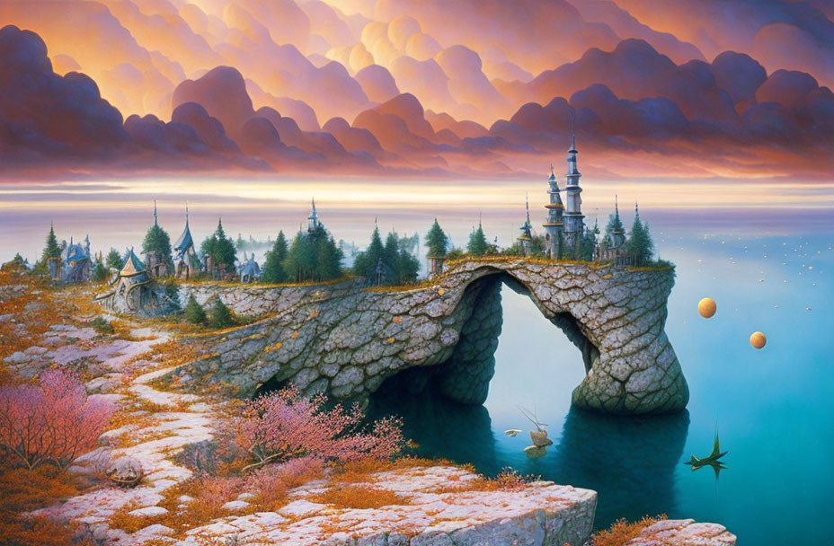 Fantastical landscape with castle on stone bridge under pink-hued sky