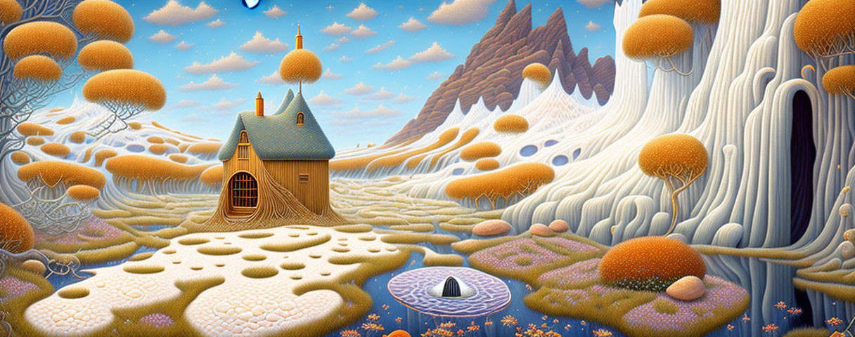 Whimsical landscape with stylized house, mushroom trees, patterned fields, and surreal sky.