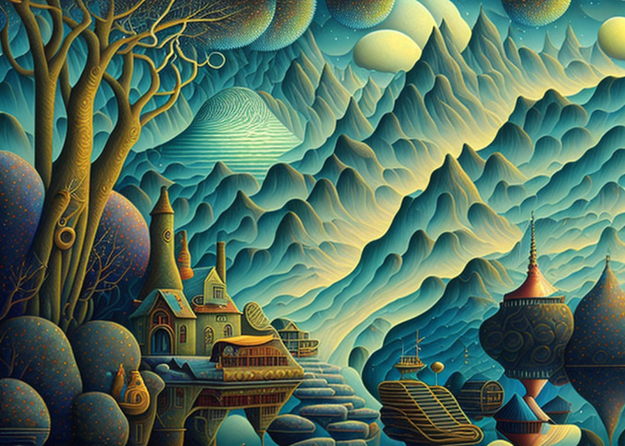 Fantasy landscape with stylized houses and spherical trees under starry sky