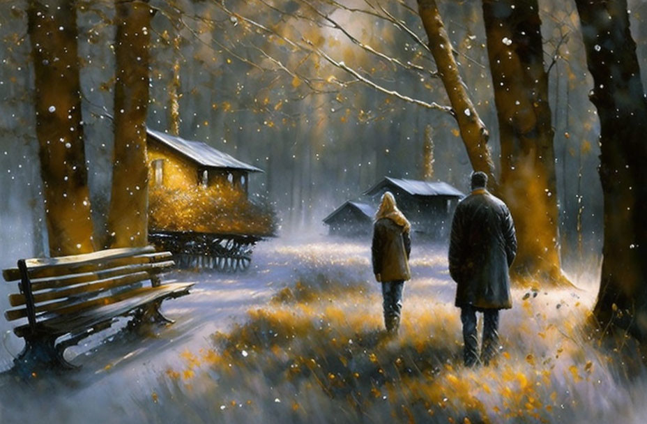 Snowy forest scene: Two people walking to illuminated cabin.