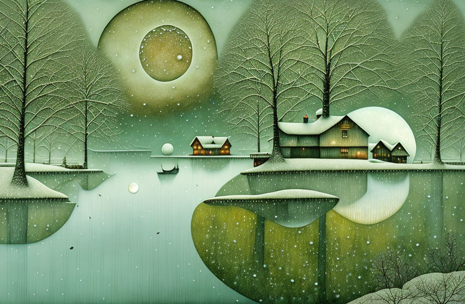 Winter scene: snow-covered landscape, trees, houses, floating islands, glowing moon, falling snowfl