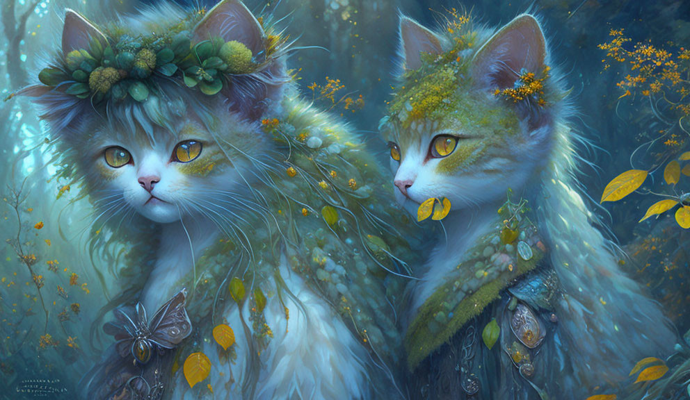 Fantastical feline creatures in enchanted forest with greenery.