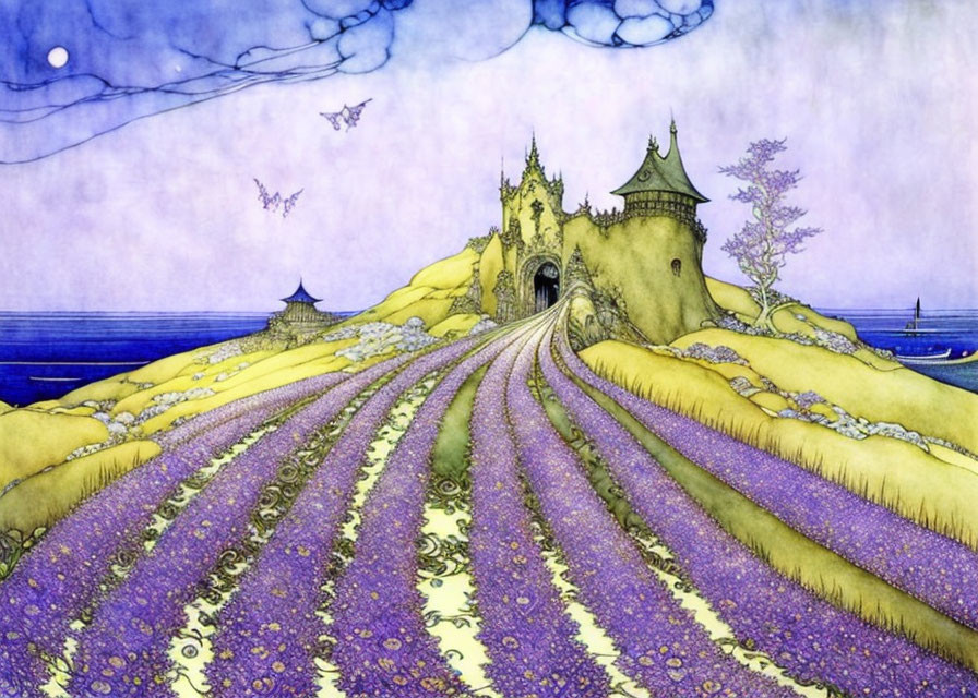 Fantastical castle on hill with lavender fields under twilight sky