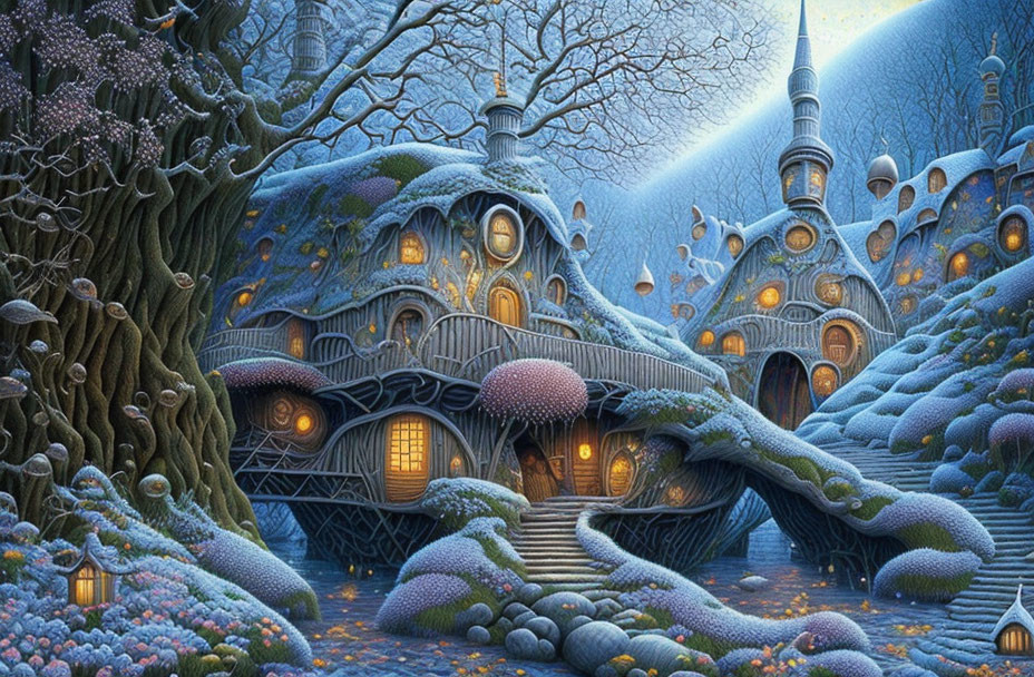 Whimsical cobblestone treehouse in wintry forest at dusk