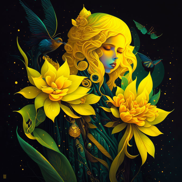 Stylized illustration of woman with golden hair and floral adornments among birds and butterflies on starry