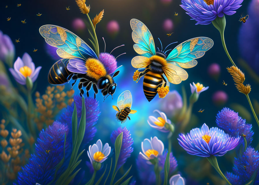 Three Bees with Transparent Wings Among Purple and White Flowers in Glowing Blue Background