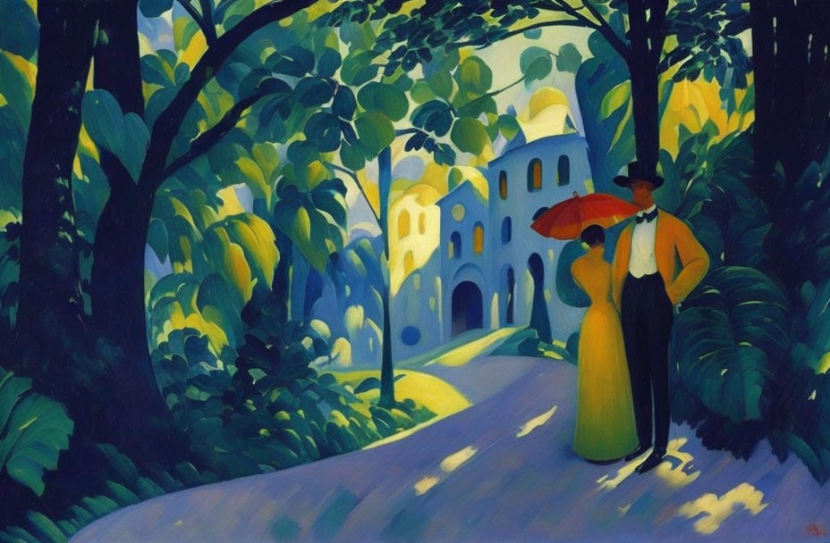 Colorful Painting: Couple Walking by Green Forest with Building in Background