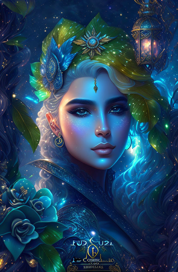 Fantastical female figure with vibrant blue skin and intricate jewelry on dark starry background