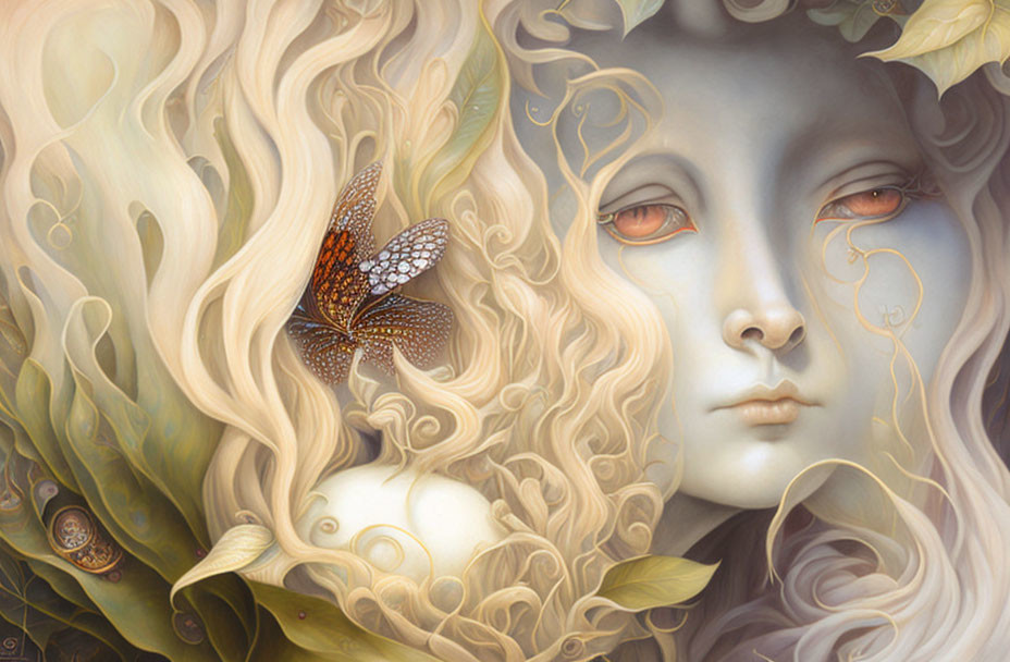 Surreal portrait with serene face, golden patterns, butterfly, and glowing orb