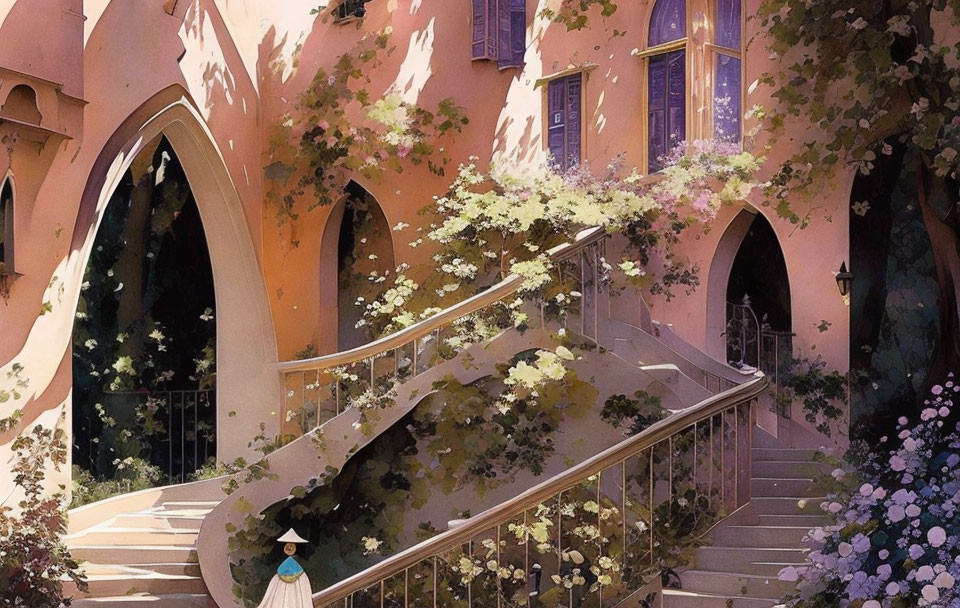 Illustration of person on flower-adorned staircase in pink building with gothic windows