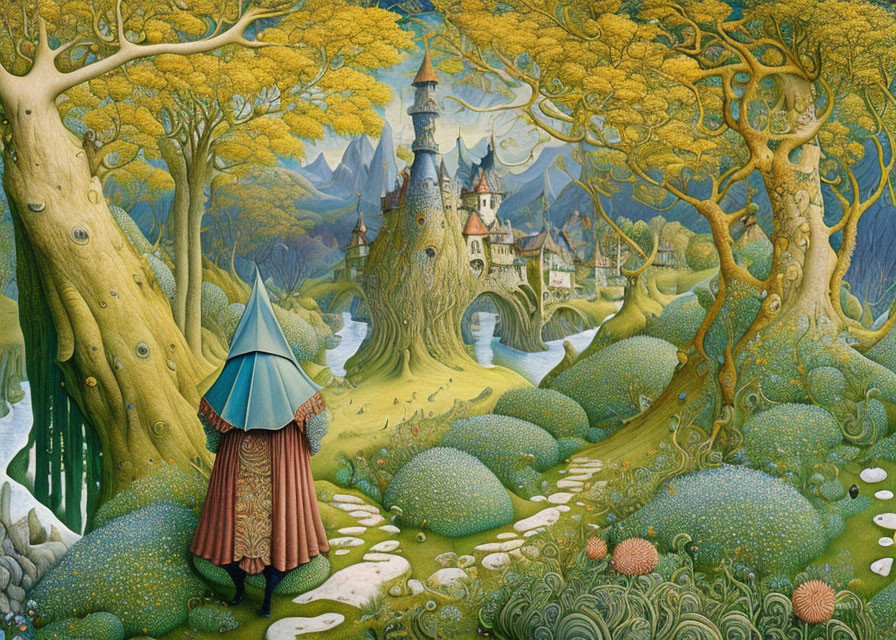 Vibrant trees, cloaked figure, whimsical castle in mountain landscape