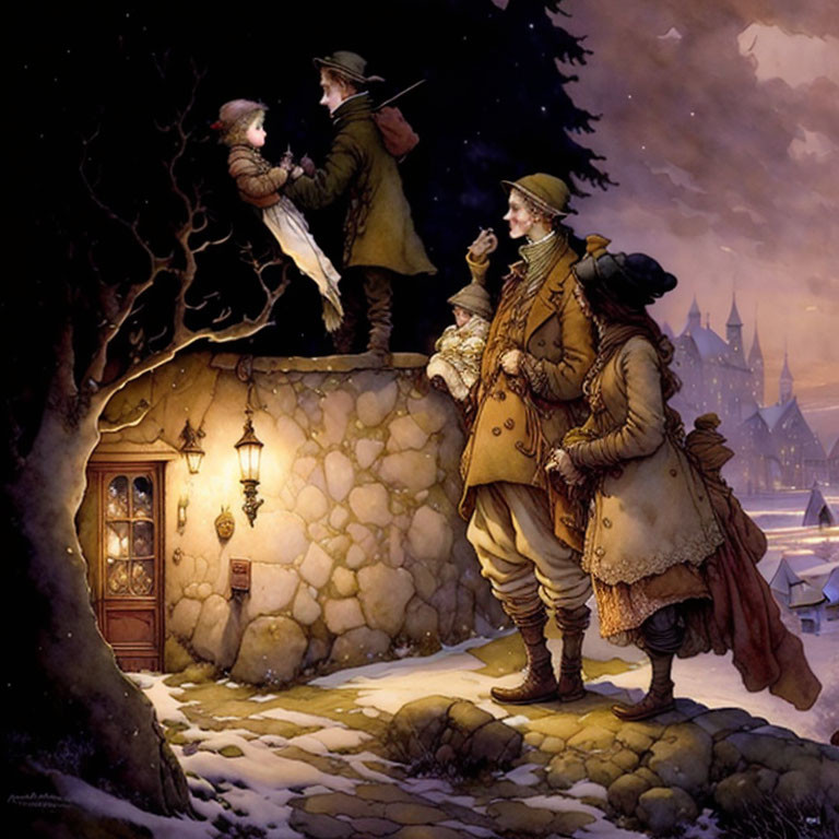 Historical attire group by stone house in snowy night scene