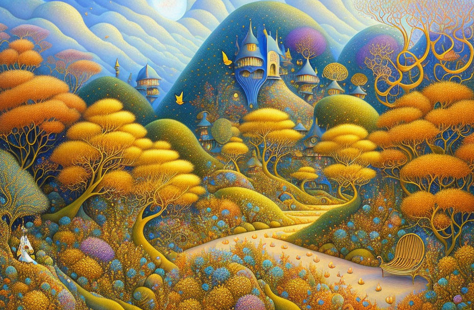 Fantastical autumn landscape with whimsical castles and couple in foreground