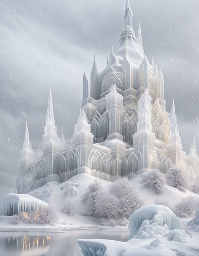 Ethereal ice castle in snowy landscape with intricate towers and spires