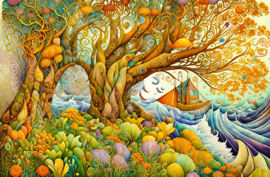 Colorful Whimsical Forest Artwork with Trees, Flowers, Sky, and Ship