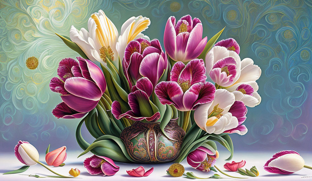 Colorful tulip bouquet in pink, white, and yellow with ornate vase on blue backdrop