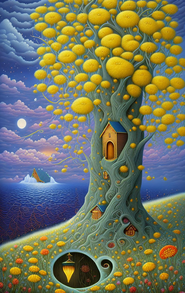 Whimsical painting: Large tree with yellow foliage, tiny houses, starry sky, serene sea