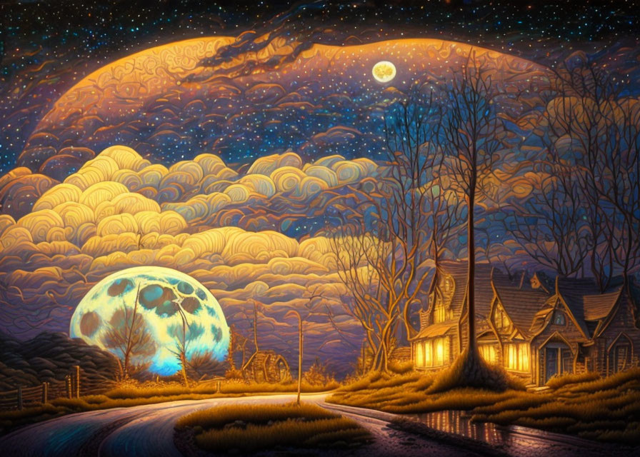 Large moon, starry sky, swirling clouds, path to cozy cottages, bare trees