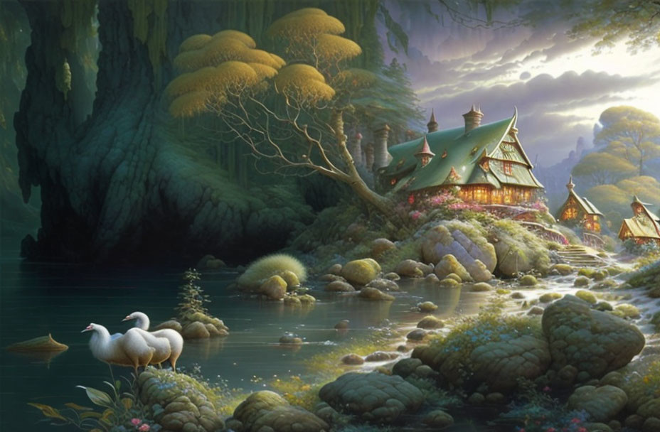 Enchanting cottage in magical forest with serene river, lush greenery, swan, and glowing