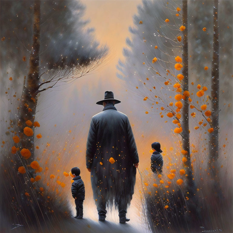 Man in coat and hat with children on tree-lined path in autumn.