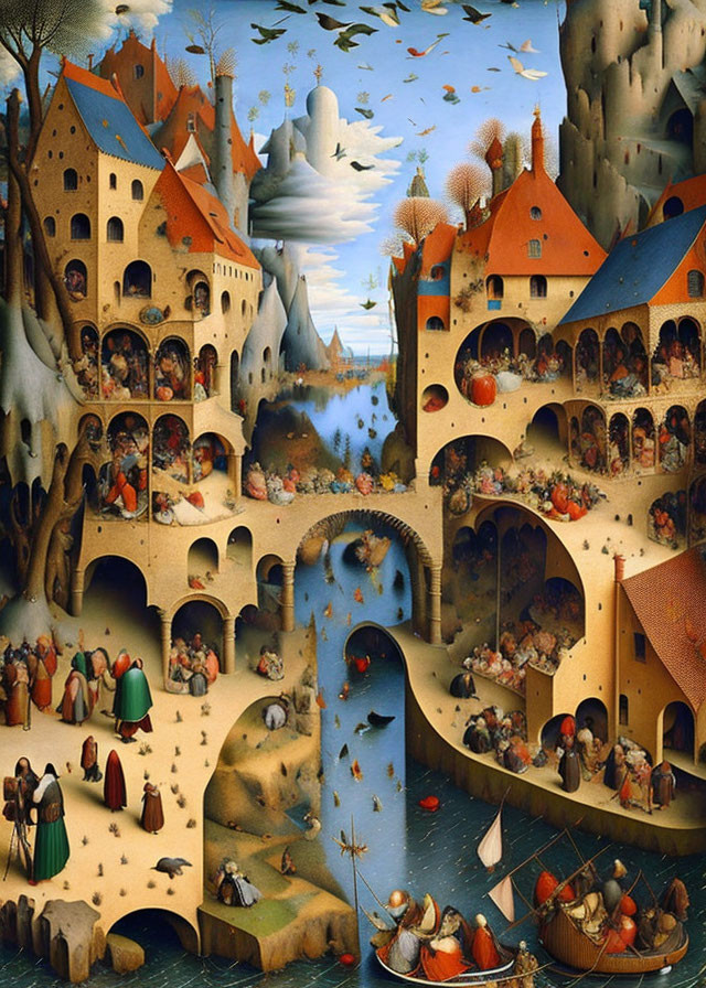 Detailed Medieval Town Painting with River, Boats & Figures