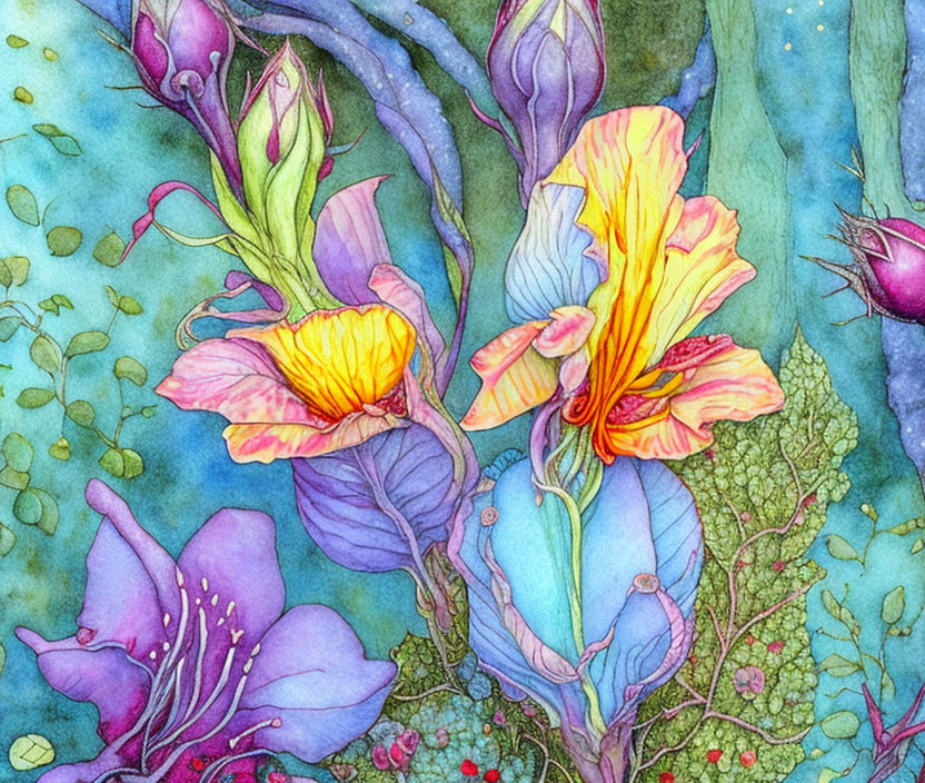 Colorful Watercolor Painting of Delicate Flowers and Twisting Stems