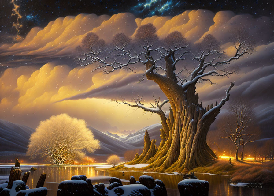 Mystical landscape with ancient tree, starry sky, snowy hills, reflective river, and golden