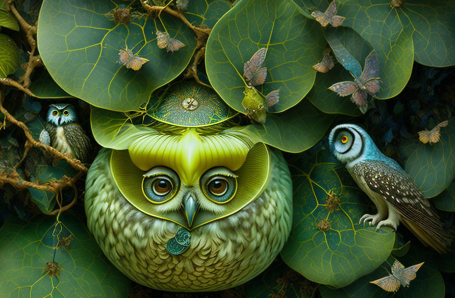 Surreal owl image with vivid green feathers and camouflaged leaves