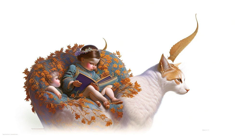 Children reading book with oversized fantasy cat featuring horn