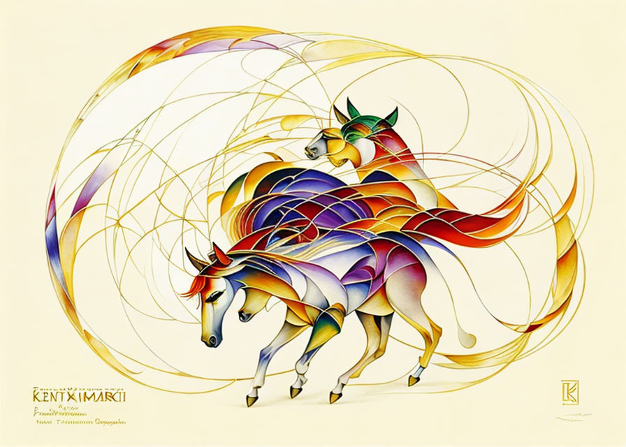 Colorful Stylized Horses with Abstract Lines on Light Background