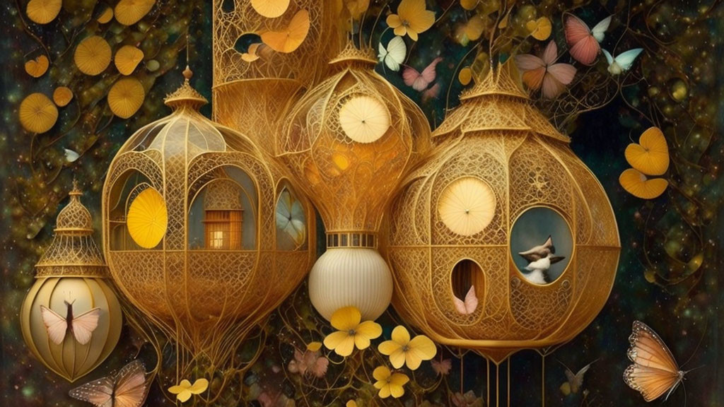 Intricate Fantastical Treehouses Amidst Colorful Butterflies