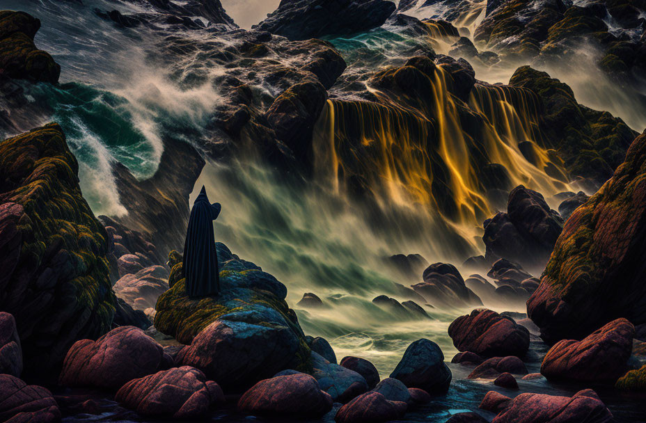 Dramatic golden waterfall over mossy rocks with red boulders under dark sky