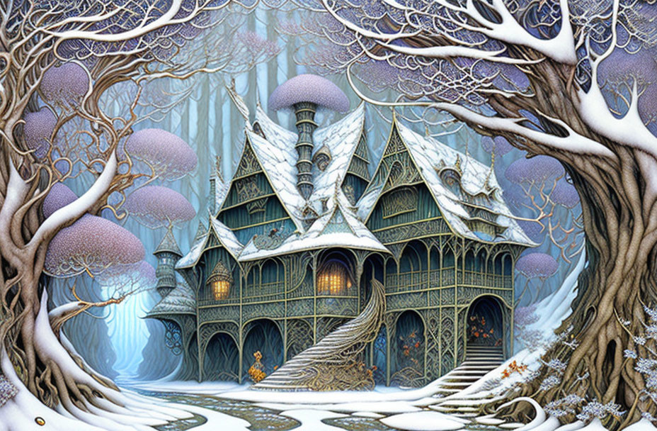 Enchanting forest with whimsical house in snowy setting