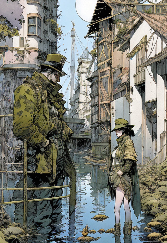 Vintage Clothing Individuals in Flooded Alleyway with Ship Background