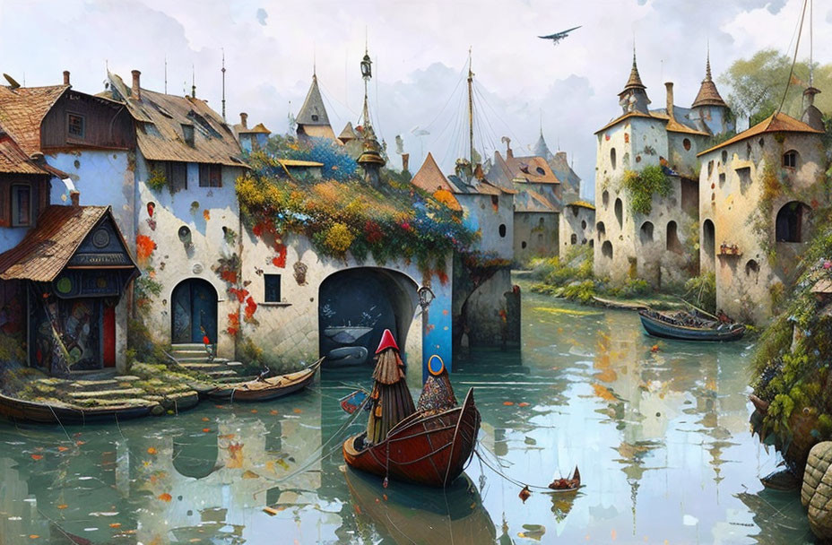 Colorful Fantasy Village with Waterways, Flora, Buildings, and Flying Creatures