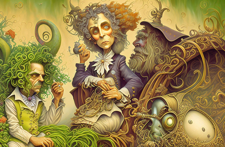 Whimsical illustration of three fantastical characters with intricate patterns and lush colors