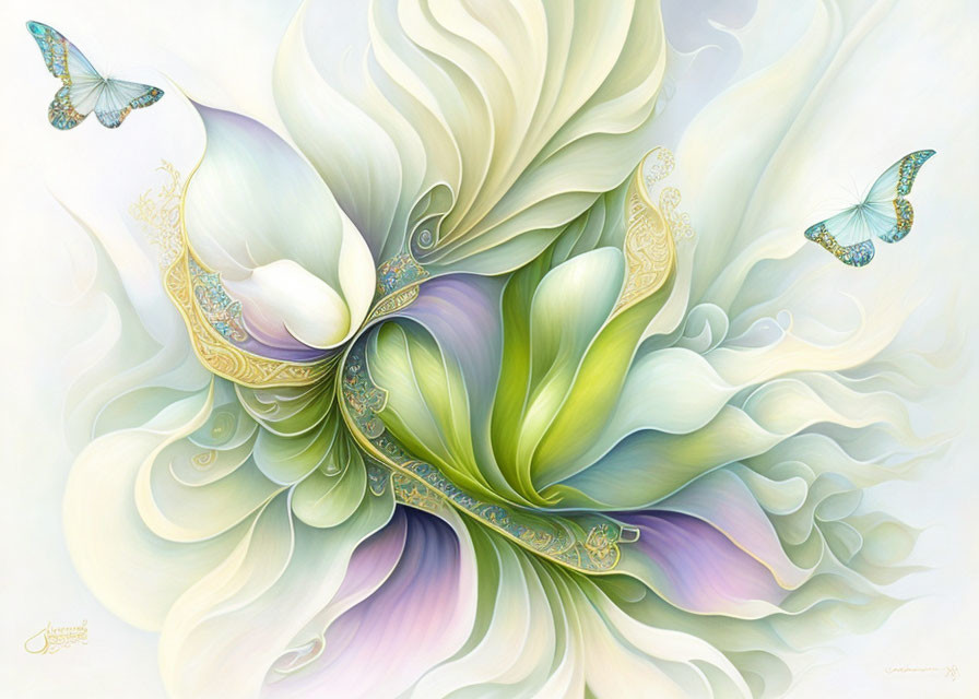 Surreal flower illustration with white and green swirling petals and gold patterns