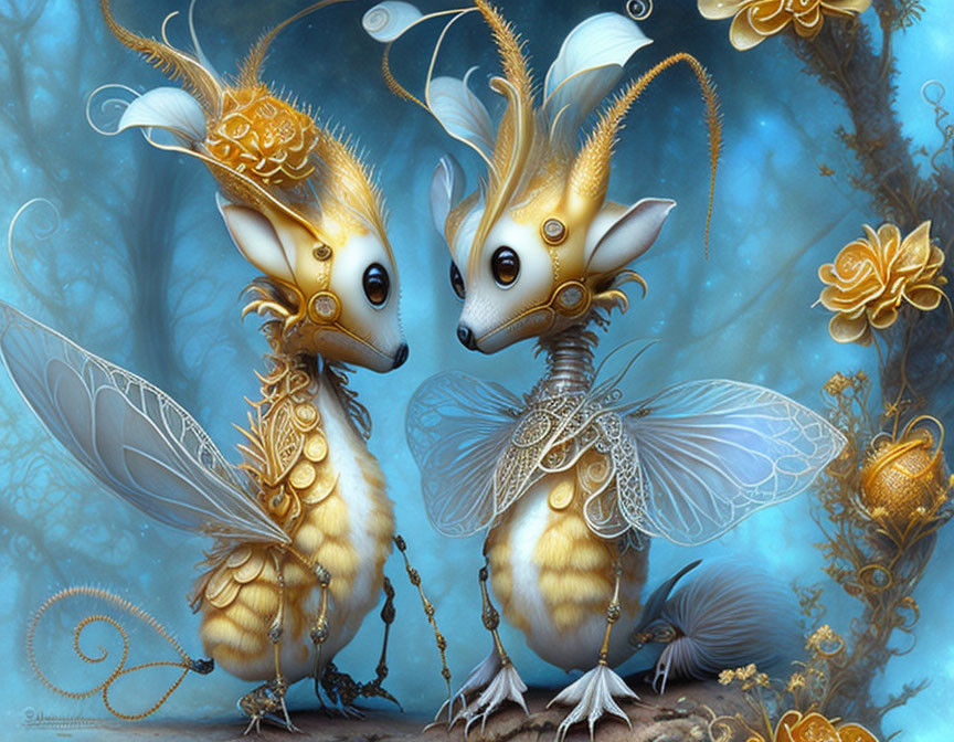 Golden dragon-like creatures with intricate wings in a dreamlike blue world