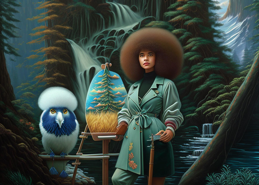 Person in mystical forest with staff and owl painting landscape