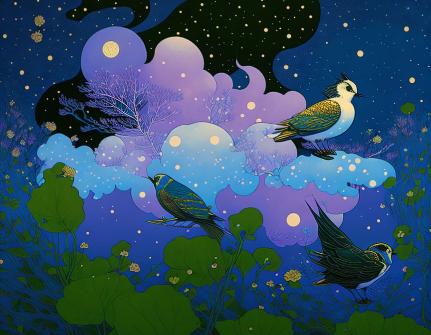 Stylized bird trio on branches under starry night sky