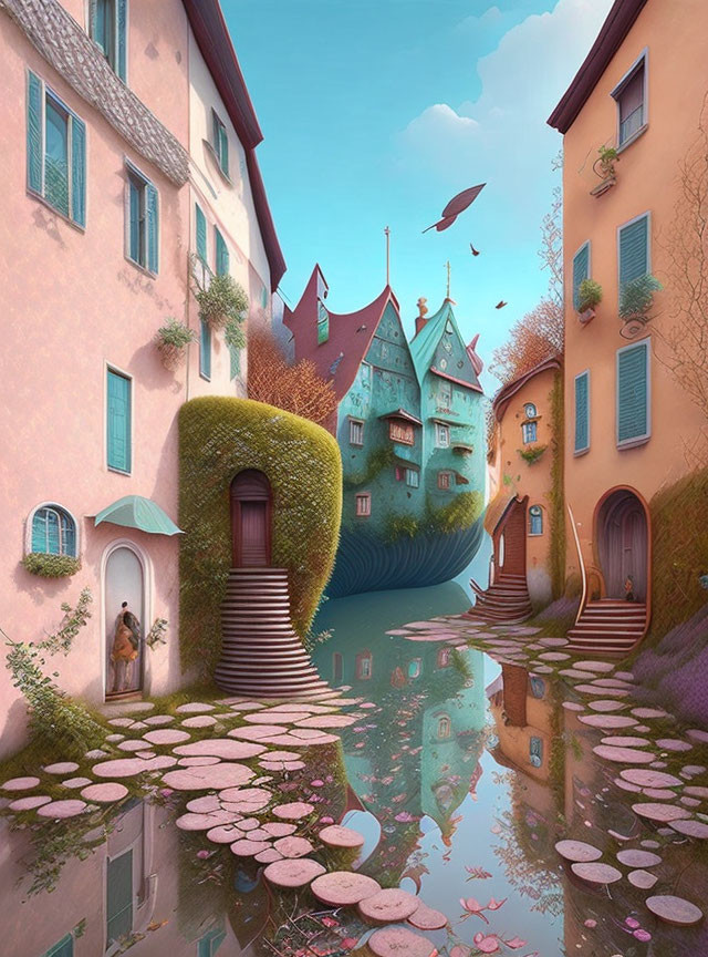 Pastel-colored village with curved pathways, lily pads, and flying fish