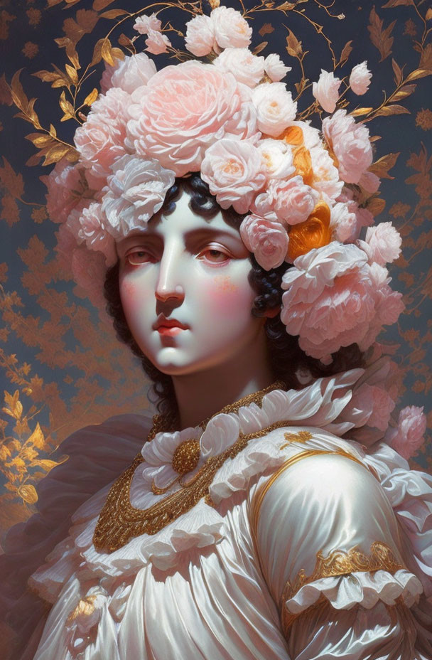 Portrait of Woman with Pale Skin, Crowned in Pink Roses and Gold Leaves, Wearing White G