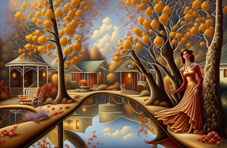 Whimsical autumn landscape with smiling woman, golden trees, and reflective water.