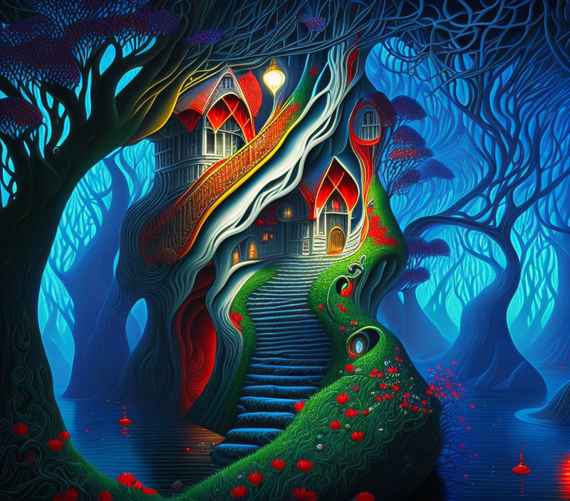 Fantasy treehouse with twisting staircases in mystical blue forest