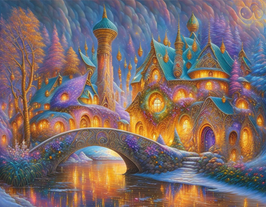 Fantasy landscape with vibrant castle, spires, purple trees, river, stone bridge